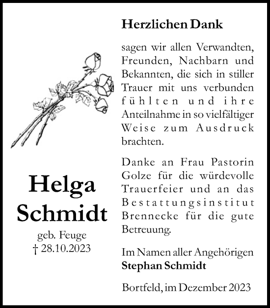 Traueranzeige von Helga Schmidt von Peiner Nachrichten