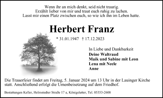 Traueranzeige von Herbert Franz von Helmstedter Nachrichten