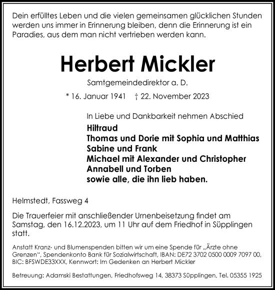 Traueranzeige von Herbert Mickler von Helmstedter Nachrichten