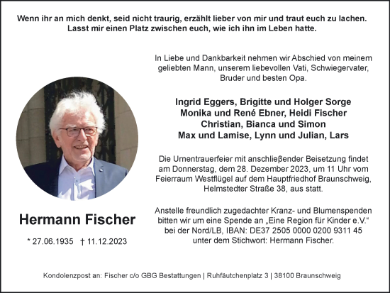 Traueranzeige von Hermann Fischer von Braunschweiger Zeitung