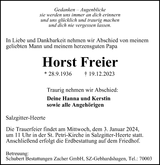 Traueranzeige von Horst Freier von Salzgitter-Zeitung