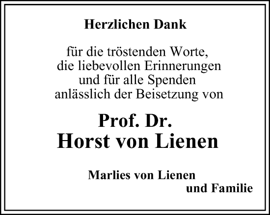 Traueranzeige von Horst von Lienen von Braunschweiger Zeitung