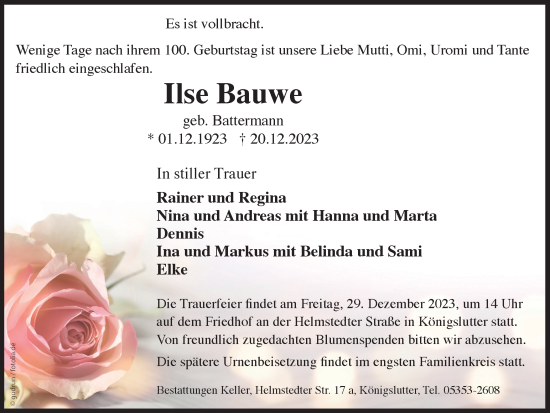 Traueranzeige von Ilse Bauwe von Helmstedter Nachrichten