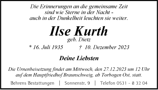 Traueranzeige von Ilse Kurth von Braunschweiger Zeitung