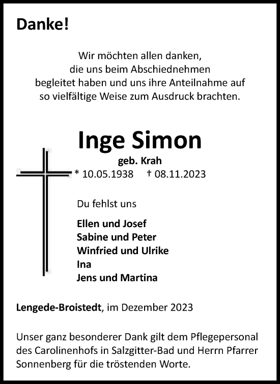 Traueranzeige von Inge Simon von Salzgitter-Zeitung