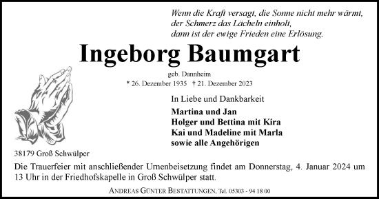 Traueranzeige von Ingeborg Baumgart von Braunschweiger Zeitung