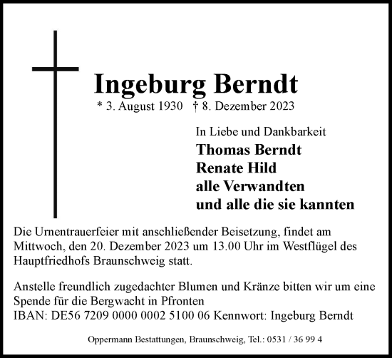 Traueranzeige von Ingeburg Berndt von Braunschweiger Zeitung