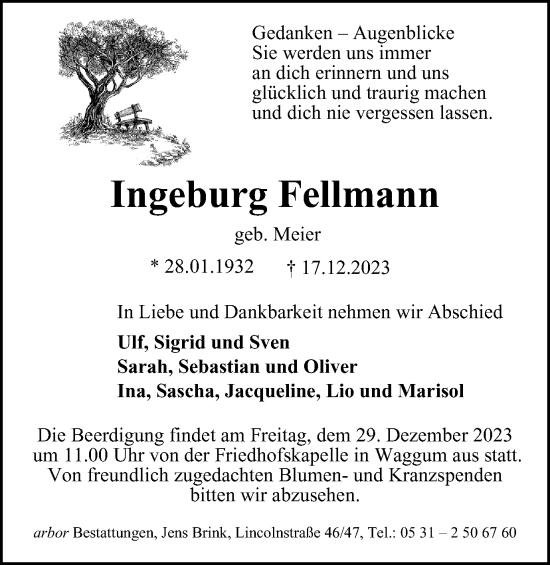 Traueranzeige von Ingeburg Fellmann von Braunschweiger Zeitung