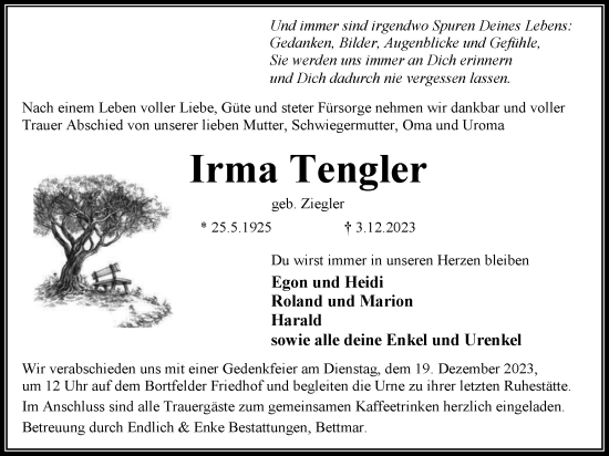 Traueranzeige von Irma Tengler von Peiner Nachrichten