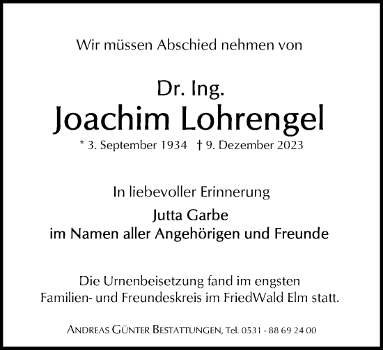 Traueranzeige von Joachim Lohrengel von Braunschweiger Zeitung