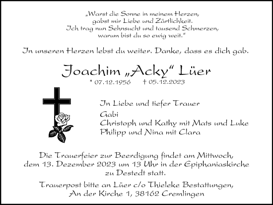 Traueranzeige von Joachim Lüer von Wolfenbütteler Zeitung