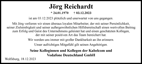 Traueranzeige von Jörg Reichardt von Wolfsburger Nachrichten