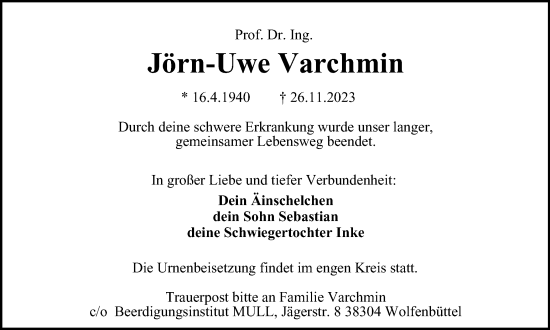 Traueranzeige von Jörn-Uwe Varchmin von Braunschweiger Zeitung