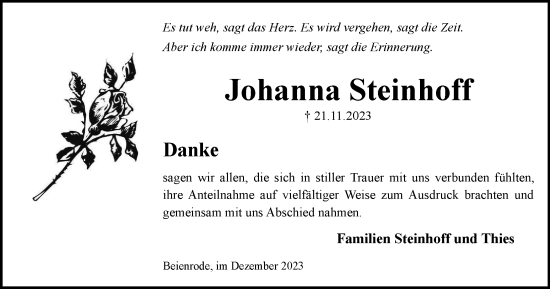 Traueranzeige von Johanna Steinhoff von Helmstedter Nachrichten