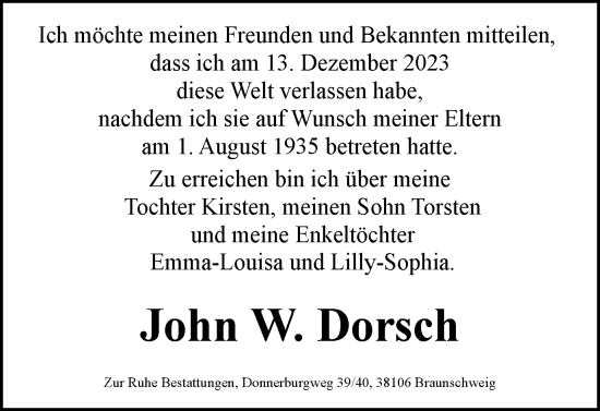 Traueranzeige von John W. Dorsch von Braunschweiger Zeitung