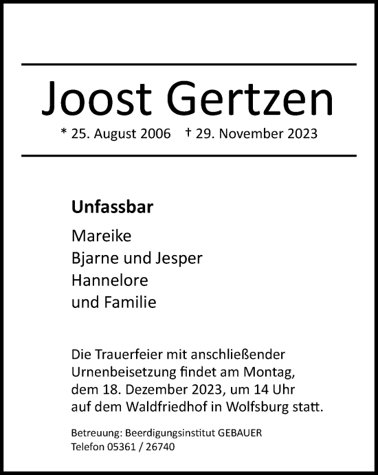 Traueranzeige von Joost Gertzen von Wolfsburger Nachrichten