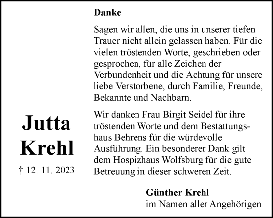 Traueranzeige von Jutta Krehl von Wolfsburger Nachrichten