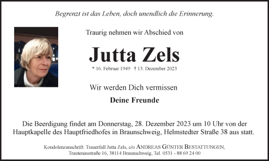 Traueranzeige von Jutta Zels von Braunschweiger Zeitung