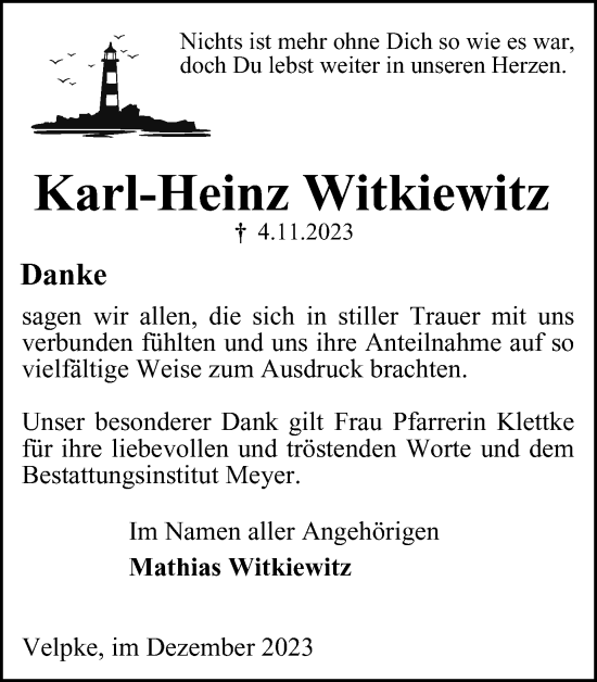 Traueranzeige von Karl-Heinz Witkiewitz von Helmstedter Nachrichten