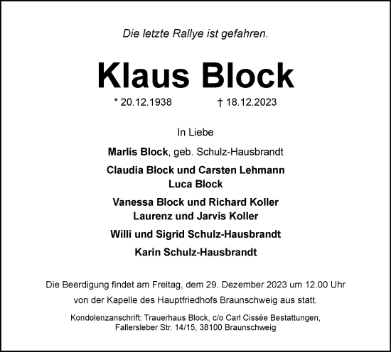 Traueranzeige von Klaus Block von Braunschweiger Zeitung