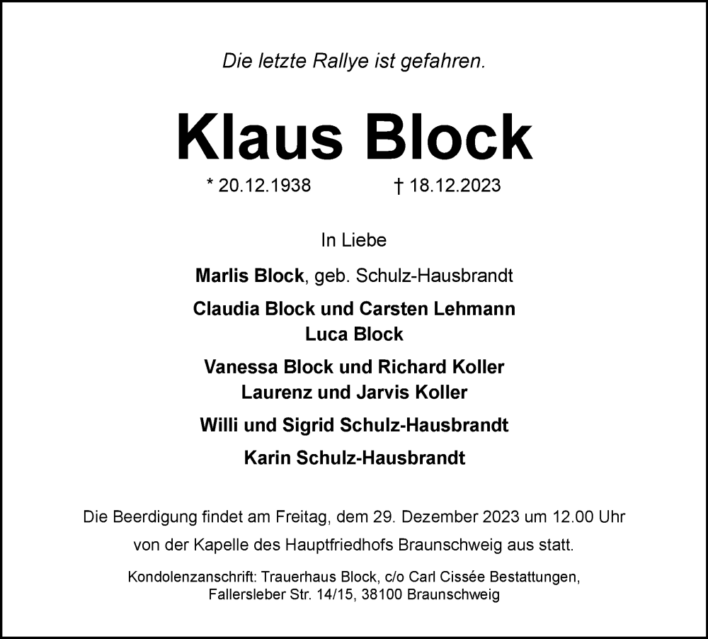  Traueranzeige für Klaus Block vom 23.12.2023 aus Braunschweiger Zeitung