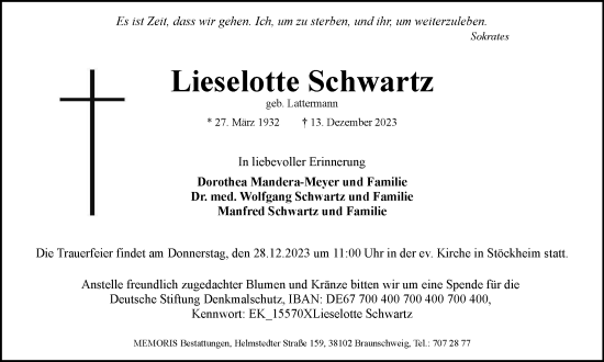 Traueranzeige von Lieselotte Schwartz von Braunschweiger Zeitung