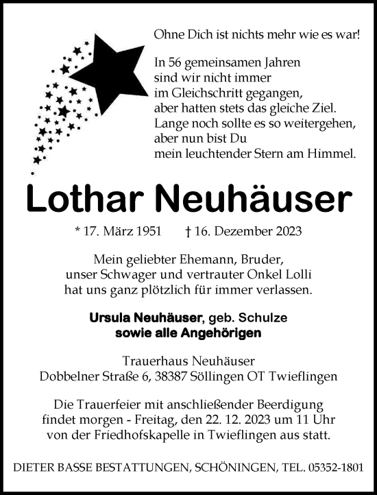 Traueranzeige von Lothar Neuhäuser von Helmstedter Nachrichten