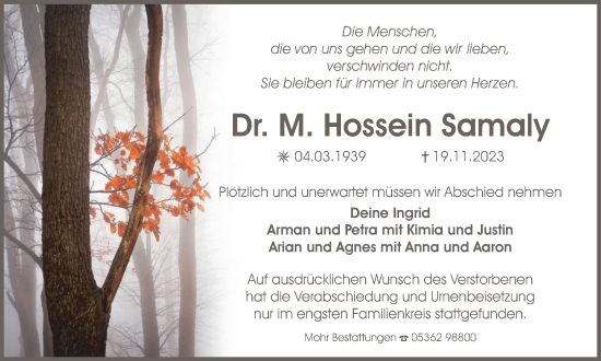 Traueranzeige von M. Hossein Samaly von Wolfsburger Nachrichten