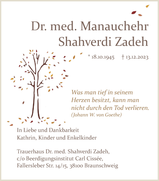 Traueranzeige von Manauchehr Shahverdi Zadeh von Braunschweiger Zeitung