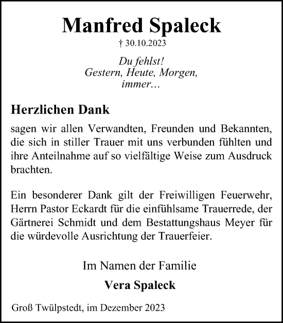 Traueranzeige von Manfred Spaleck von Helmstedter Nachrichten