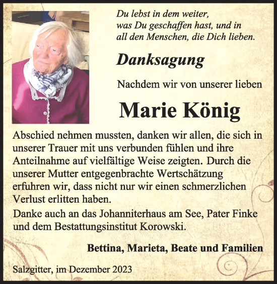 Traueranzeige von Marie König von Salzgitter-Zeitung