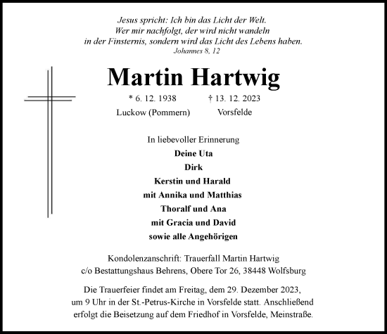 Traueranzeige von Martin Hartwig von Wolfsburger Nachrichten