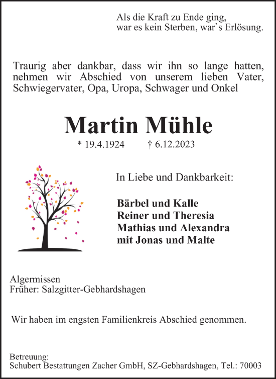 Traueranzeige von Martin Mühle von Salzgitter-Zeitung