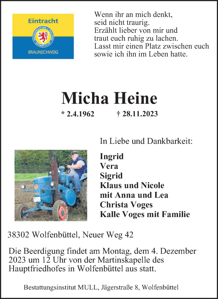  Traueranzeige für Micha Heine vom 02.12.2023 aus Wolfenbütteler Zeitung