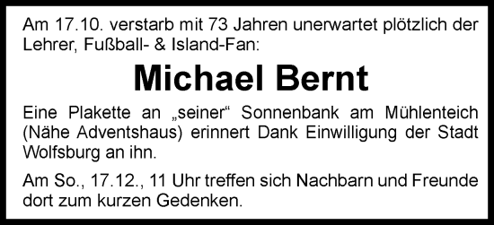 Traueranzeige von Michael Bernt von Wolfsburger Nachrichten