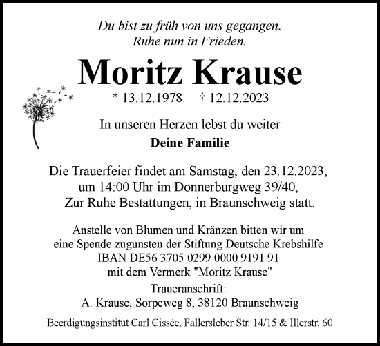 Traueranzeige von Moritz Krause von Braunschweiger Zeitung