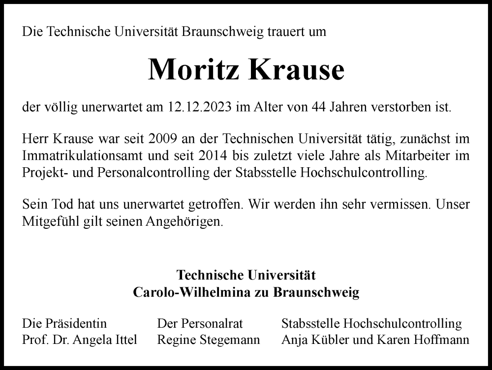  Traueranzeige für Moritz Krause vom 20.12.2023 aus Braunschweiger Zeitung