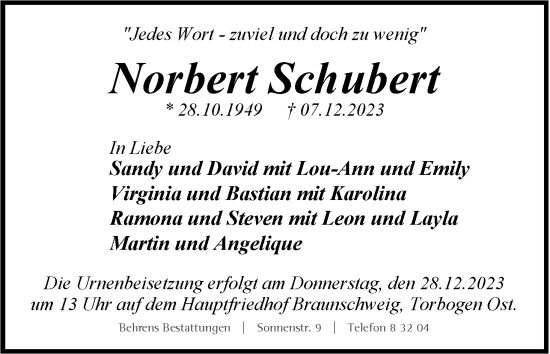 Traueranzeige von Norbert Schubert von Neue Braunschweiger am Samstag