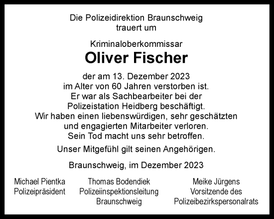 Traueranzeige von Oliver Fischer von Braunschweiger Zeitung