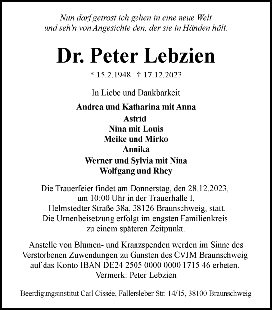 Traueranzeige von Peter Lebzien von Braunschweiger Zeitung