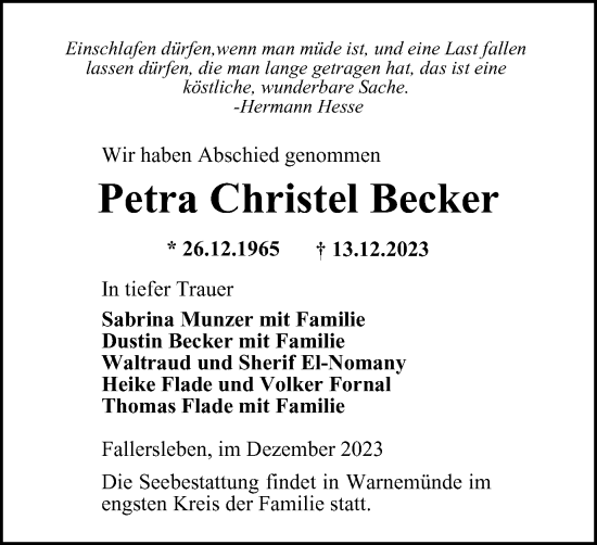 Traueranzeige von Petra Christel Becker von Wolfsburger Nachrichten