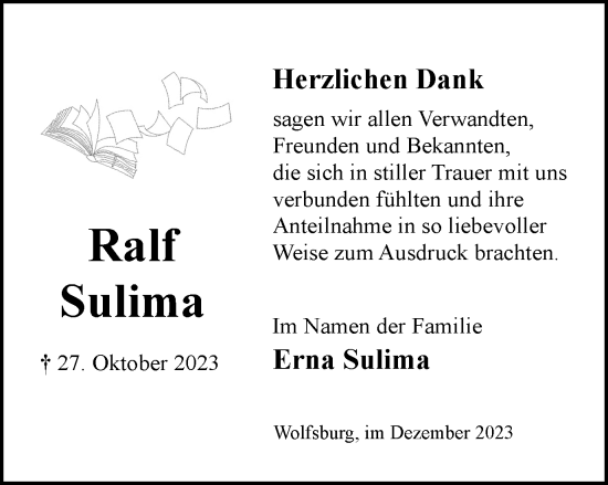 Traueranzeige von Ralf Sulima von Wolfsburger Nachrichten