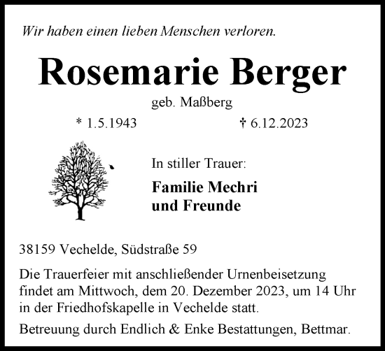 Traueranzeige von Rosemarie Berger von Peiner Nachrichten