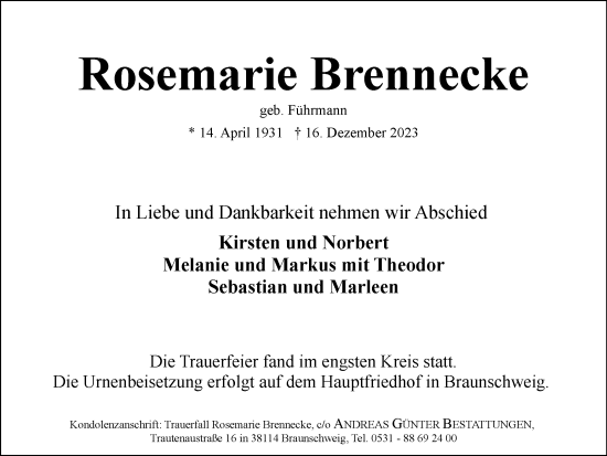 Traueranzeige von Rosemarie Brennecke von Braunschweiger Zeitung