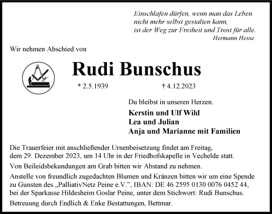 Traueranzeige von Rudi Bunschus von Peiner Nachrichten