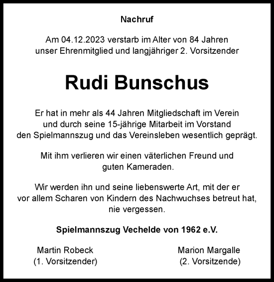 Traueranzeige von Rudi Bunschus von Peiner Nachrichten