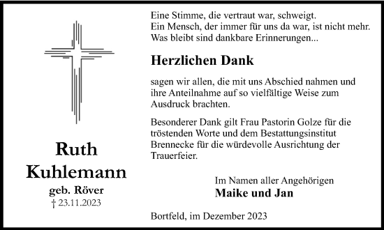 Traueranzeige von Ruth Kuhlemann von Braunschweiger Zeitung