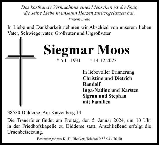 Traueranzeige von Siegmar Moos von Braunschweiger Zeitung