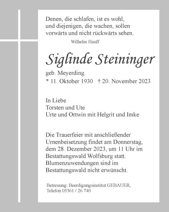 Traueranzeige von Siglinde Steininger von Wolfsburger Nachrichten