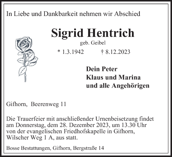 Traueranzeige von Sigrid Hentrich von Wolfsburger Nachrichten